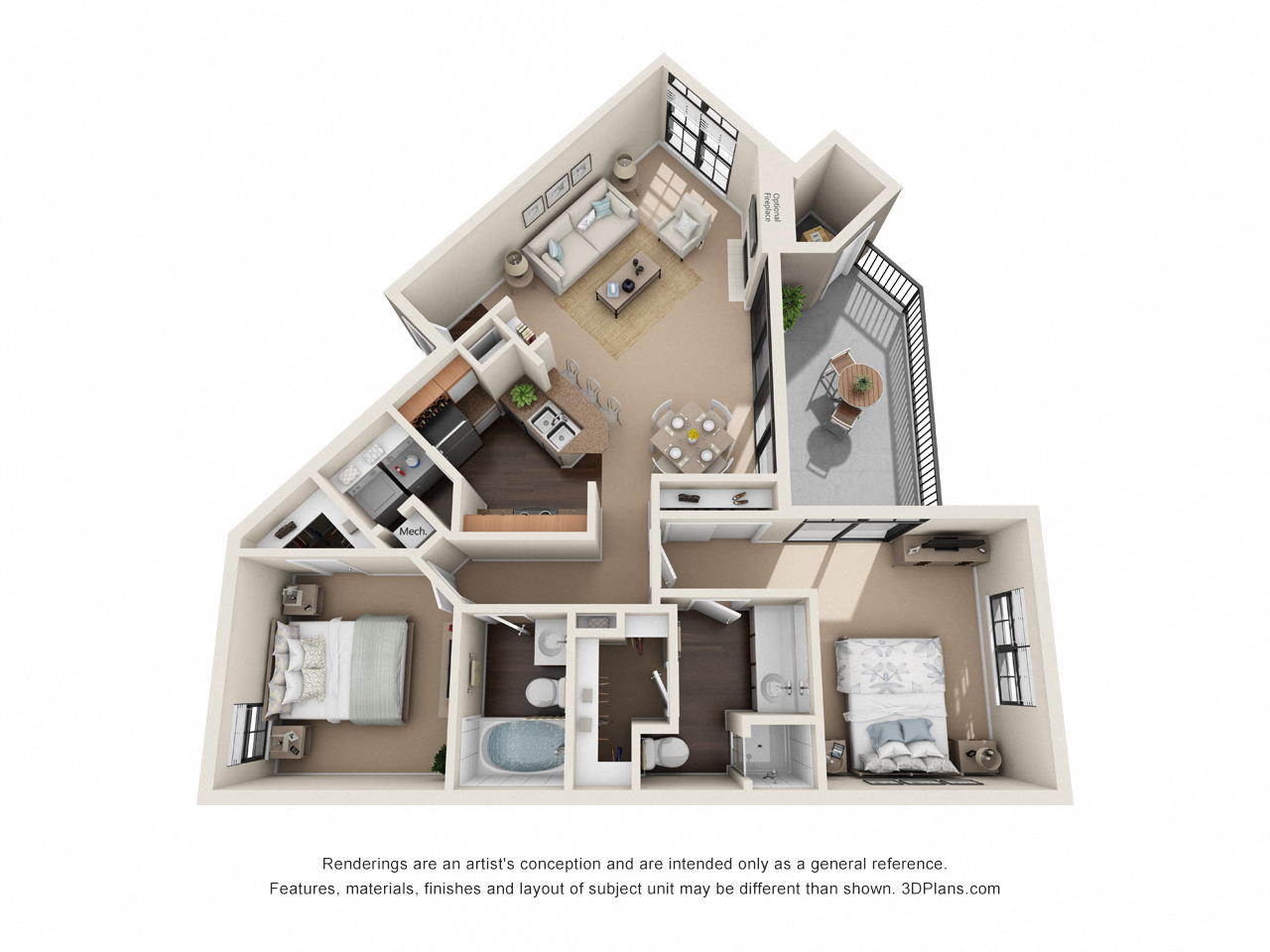 Floor plan for 2 beds, 2 baths, 1091 sqft